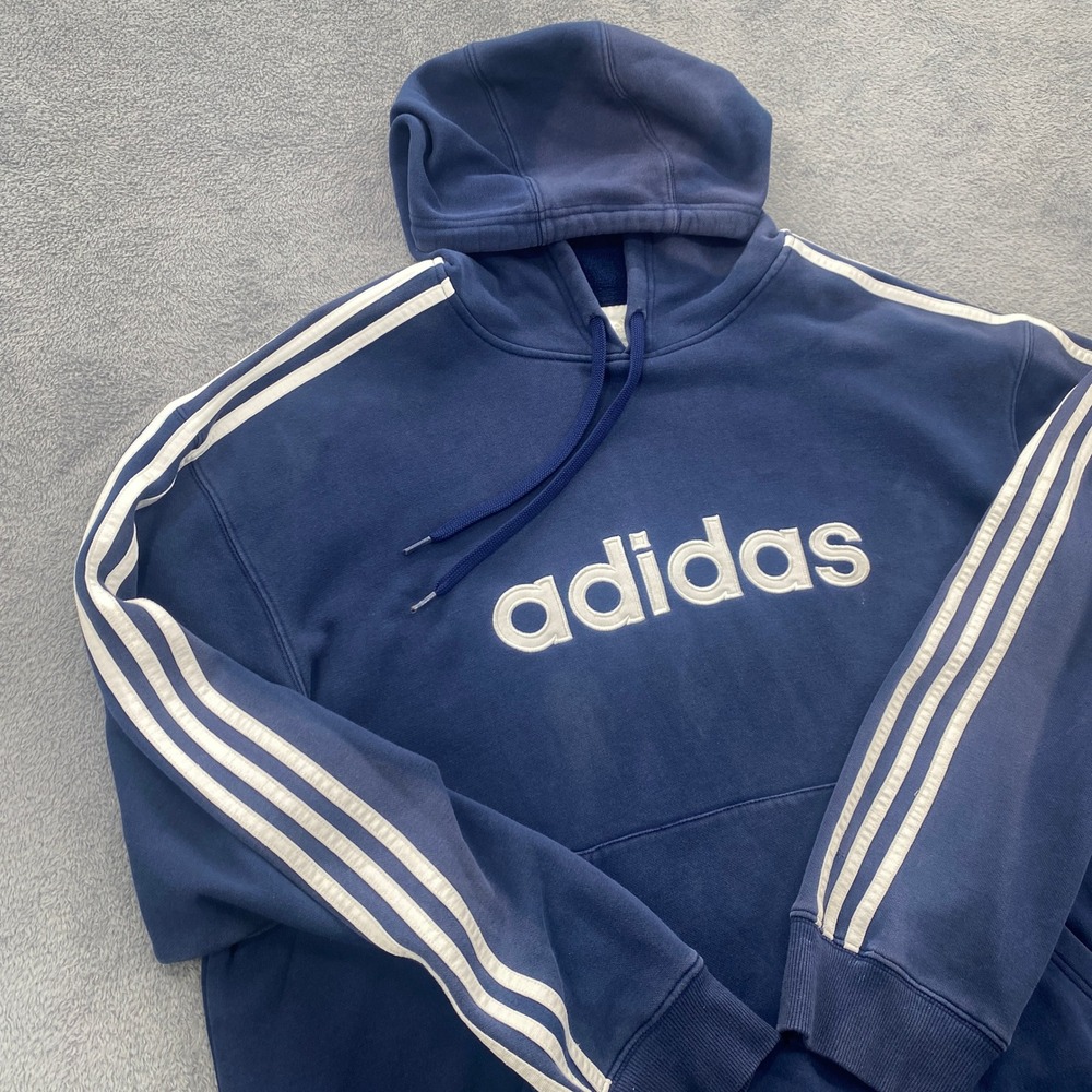 Vintage 2007 Adidas Hoodie Mens XL Navy Blue 3-Stripe Embroidered Pullovr 972738